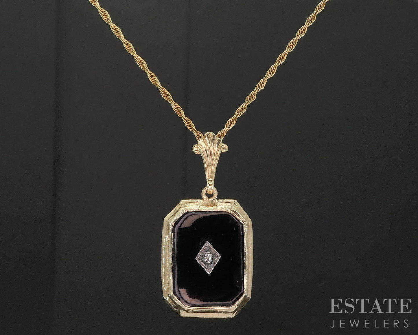 Antique 14k Yellow Gold Natural Black Onyx & Diamond Necklace 3.9g 18"L i19776