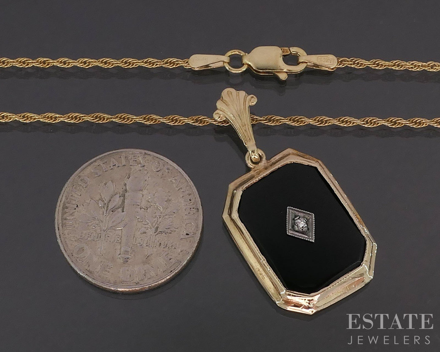 Antique 14k Yellow Gold Natural Black Onyx & Diamond Necklace 3.9g 18"L i19776