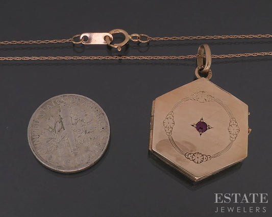 Antique 10k Yellow Gold Ruby Hexagon Floral Locket Necklace 3.6g i19777