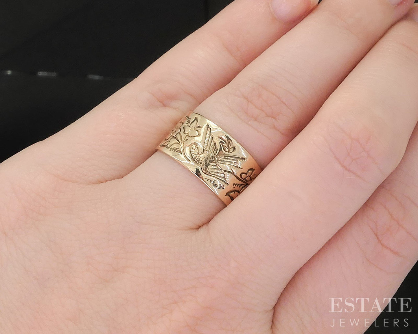 Antique Victorian 10k Yellow Gold 9.4mm Floral Dove Cigar Band Ring 4.2g i19764