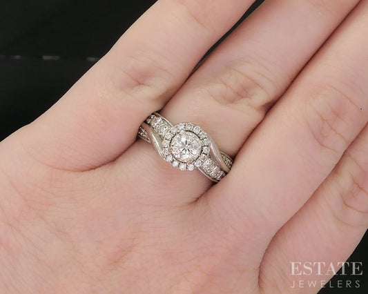 14k White Gold Round Natural .65ctw Diamond Halo Engagement Ring 6.4g i19759