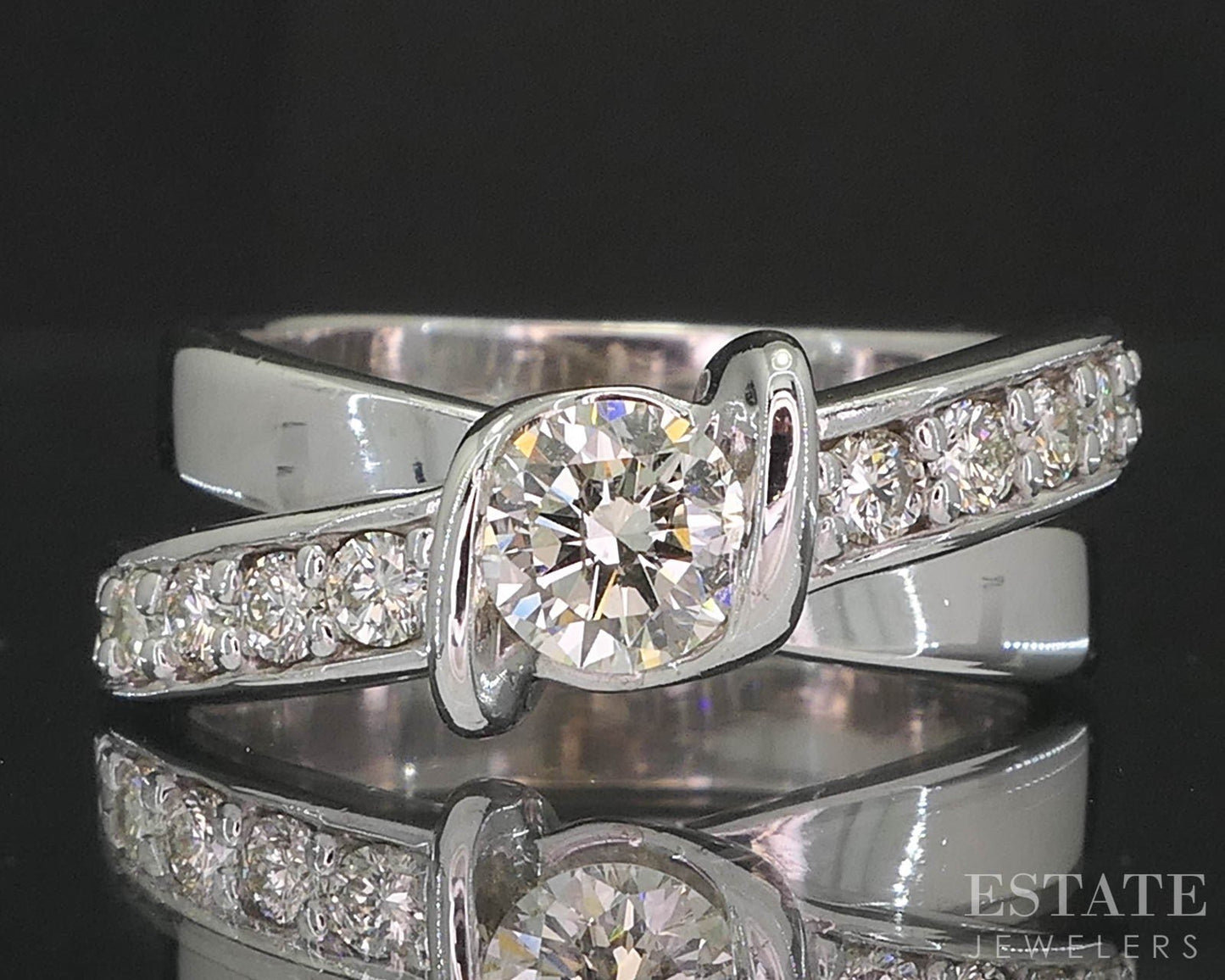 14k White Gold Round Natural 1ctw Diamond Crossover Engagement Ring 10.1g i19765