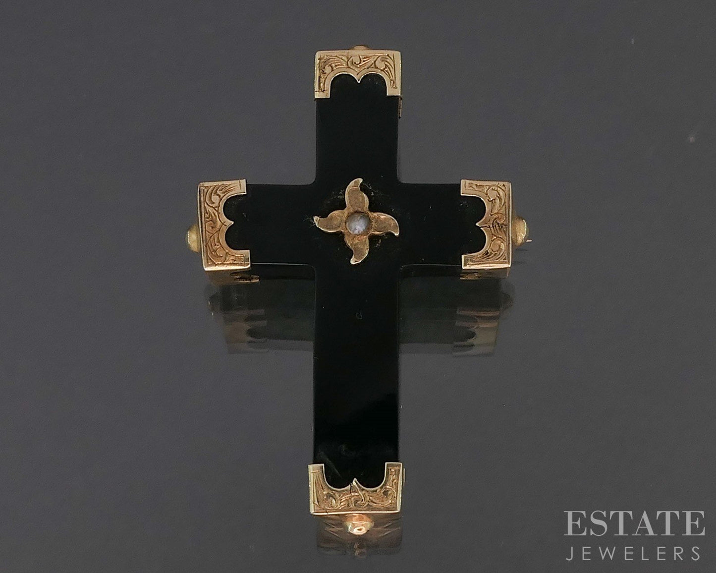 Antique Victorian 12k Yellow Gold Black Onyx Seed Pearl Cross Brooch 3g i19769