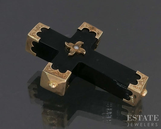 Antique Victorian 12k Yellow Gold Black Onyx Seed Pearl Cross Brooch 3g i19769