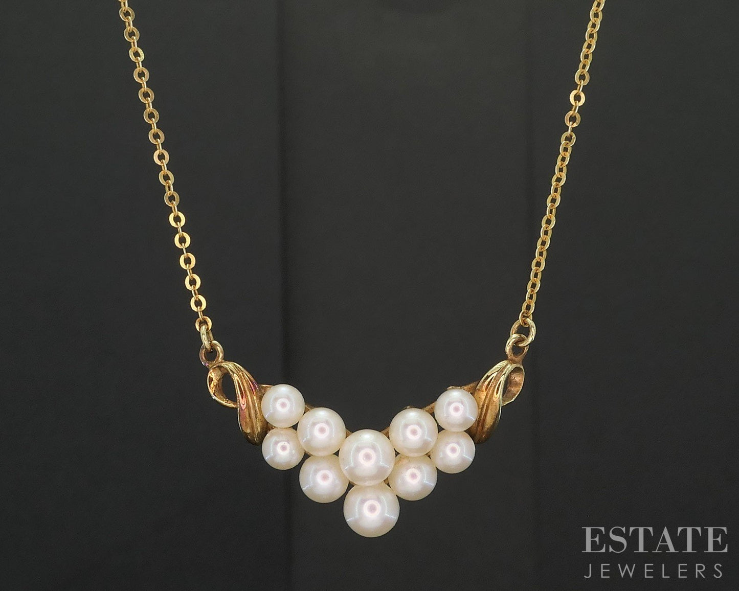 Vintage 14k Yellow Gold Mikimoto Akoya Pearl Chevron Necklace 4.3g 15"L i19775