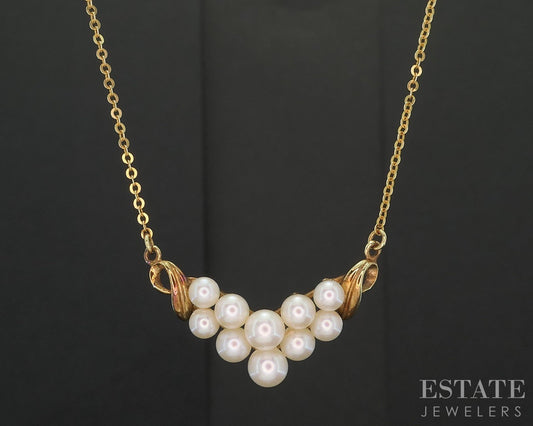 Vintage 14k Yellow Gold Mikimoto Akoya Pearl Chevron Necklace 4.3g 15"L i19775