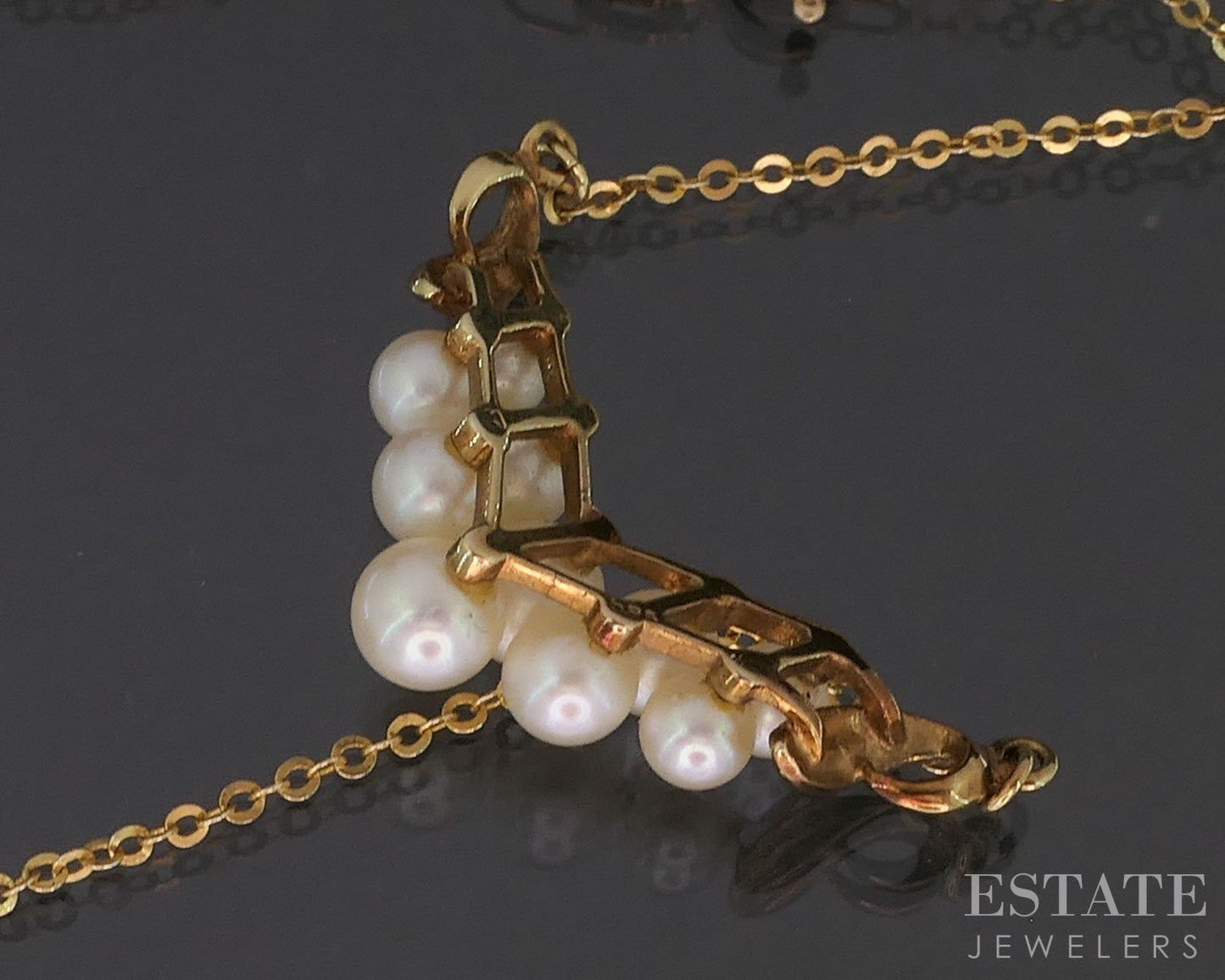 Vintage 14k Yellow Gold Mikimoto Akoya Pearl Chevron Necklace 4.3g 15"L i19775