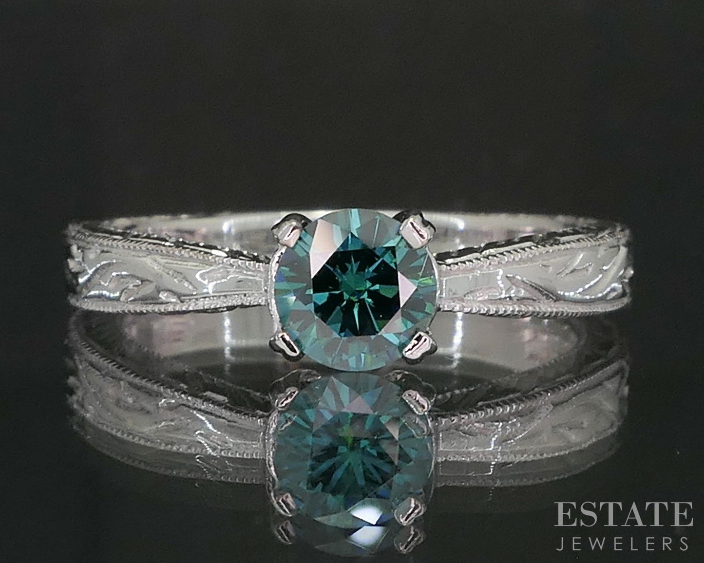 14k White Gold Round Natural .25ct Teal Diamond Solitaire Ring 2.9g i19773