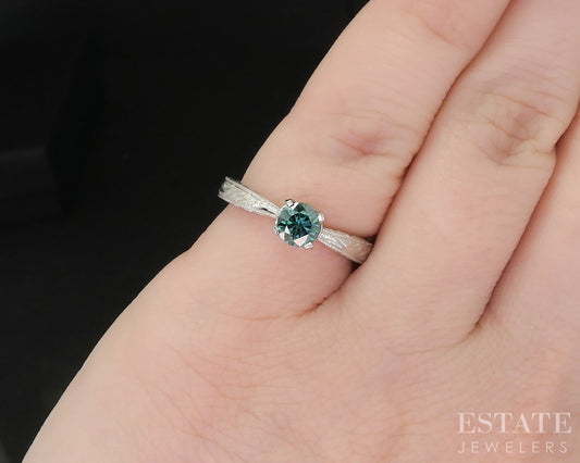 14k White Gold Round Natural .25ct Teal Diamond Solitaire Ring 2.9g i19773