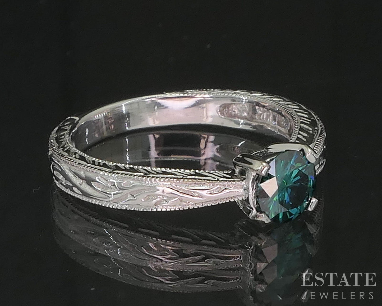 14k White Gold Round Natural .25ct Teal Diamond Solitaire Ring 2.9g i19773