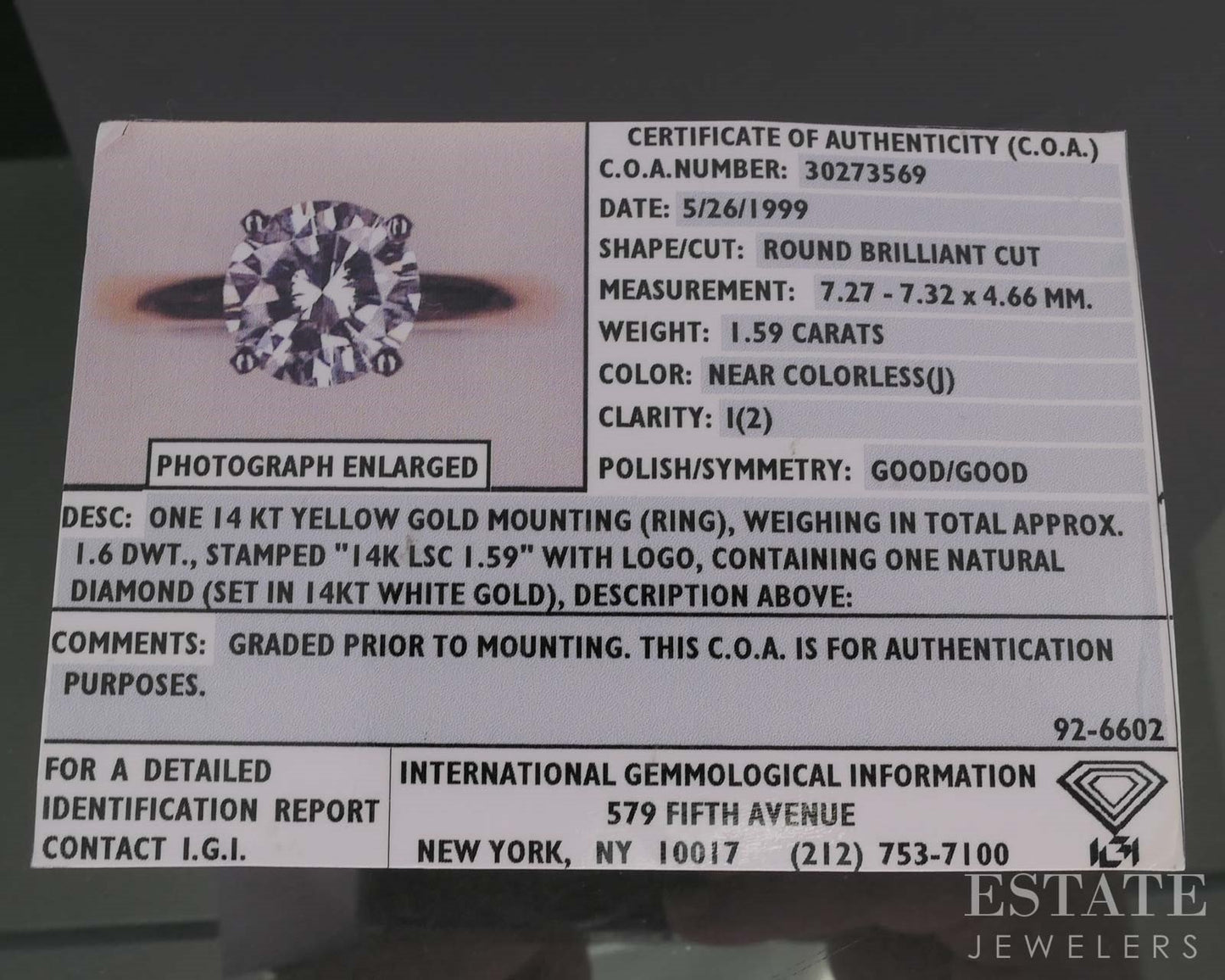 Loose 1.59ct Round Cut IGI Certified Natural Diamond I2/JK i19772