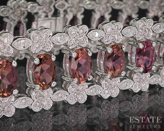 18k White Gold Natural Pink Tourmaline & Diamond Bracelet 25.4g 7"L i19785
