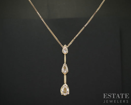 14k Yellow Gold Pear Natural .30ctw Diamond Three Stone Necklace 3g 17"L i19786
