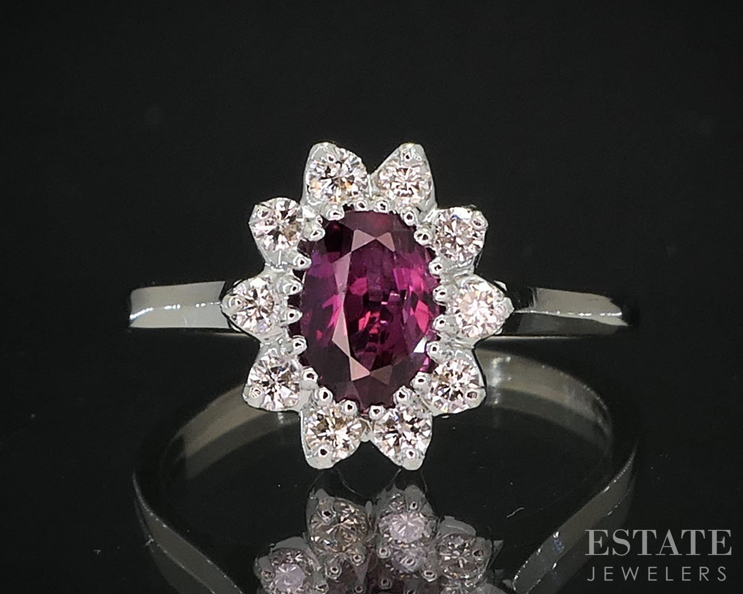 14k White Gold Round Natural Ruby & Diamond Ladies Halo Ring 2.6g i19804