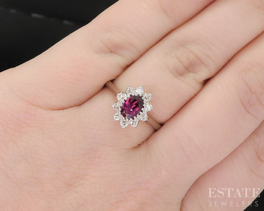 14k White Gold Round Natural Ruby & Diamond Ladies Halo Ring 2.6g i19804