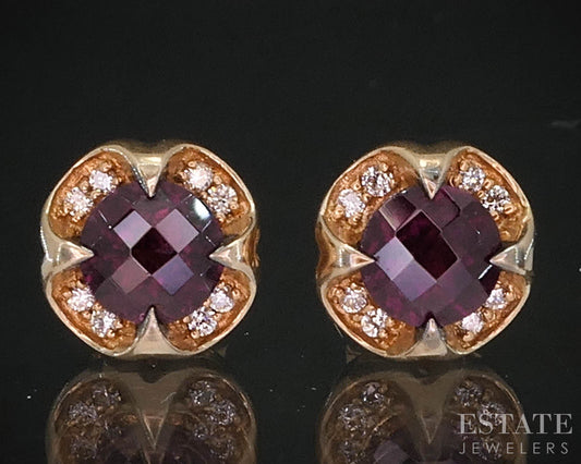 14k Strawberry Gold LeVian Rhdolite Garnet & Diamond Stud Earrings 2.7g i19791