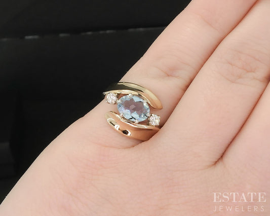 14k Yellow Gold Oval Natural 1.1ct Aquamarine & Diamond Ladies Ring 5g i19789