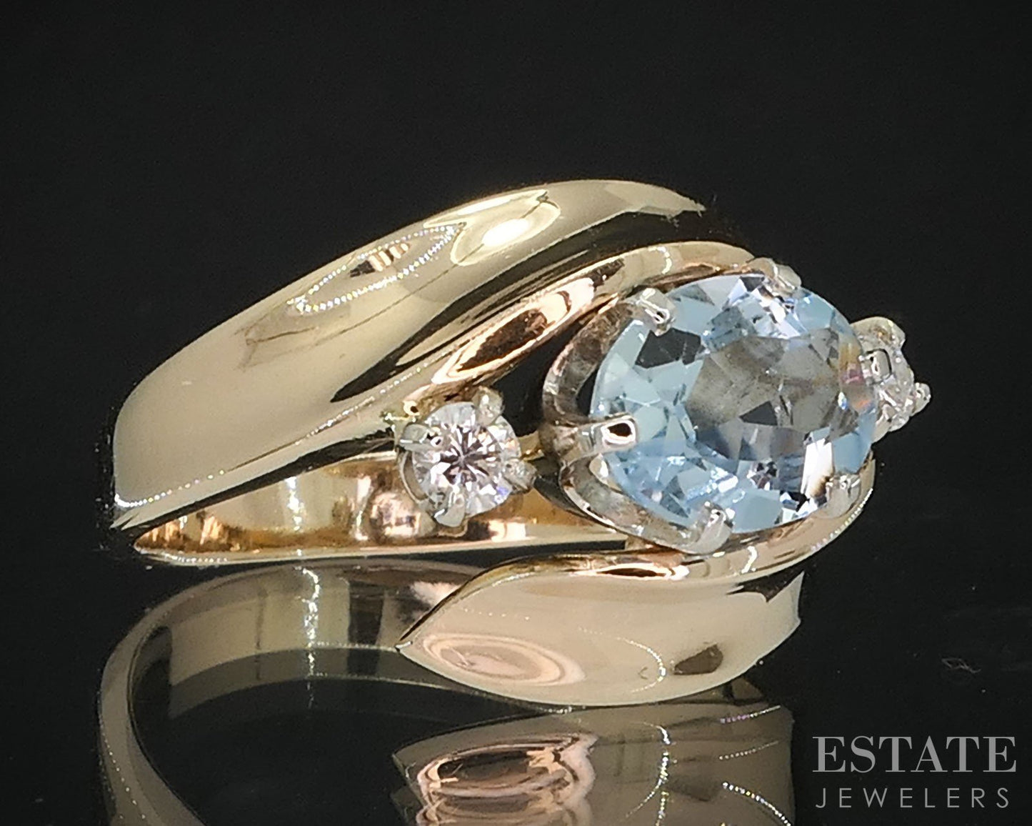 14k Yellow Gold Oval Natural 1.1ct Aquamarine & Diamond Ladies Ring 5g i19789