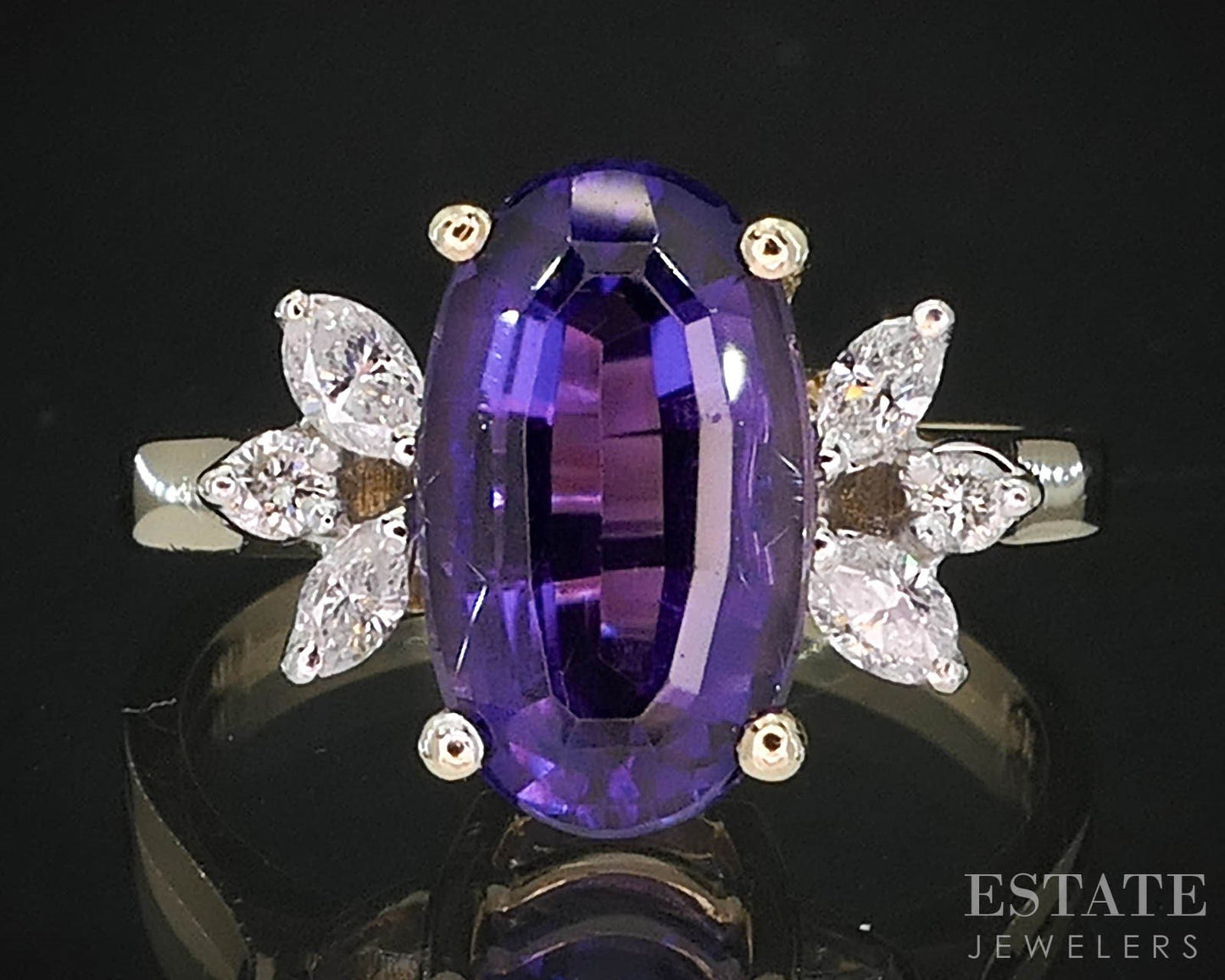 14k Yellow Gold Oval Natural Amethyst & Diamond Ladies Ring 4.3g i19790