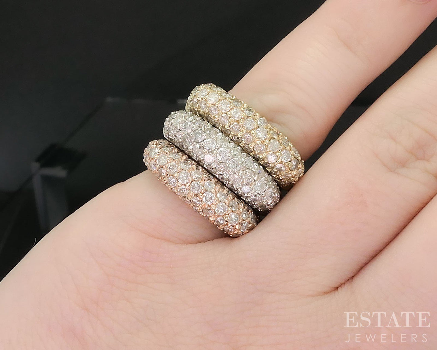 14k Tri Colored Gold Natural 2ctw Diamond Three Row Band Ring 16.5g i19795