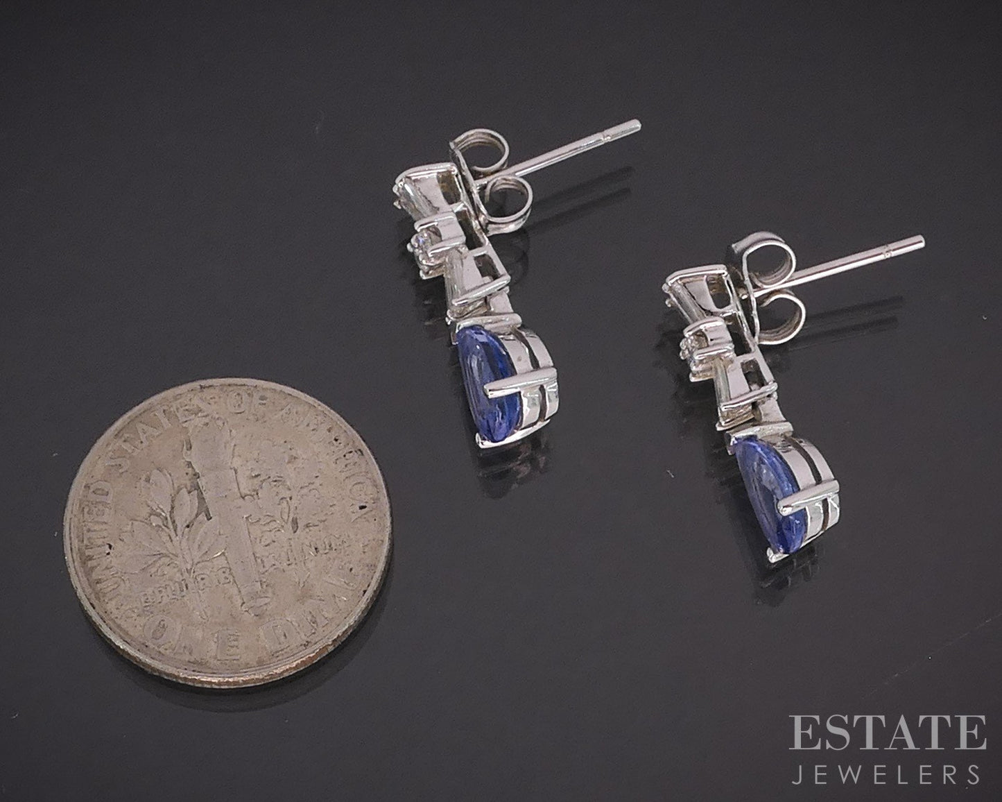 14k White Gold Natural Tanzanite & Diamond Dangle Earrings 2.3g i19801