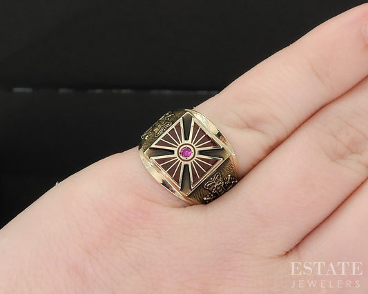 Vintage 10k Yellow Gold De Molay Legion of Honor Ruby Mens Ring 7g i19802
