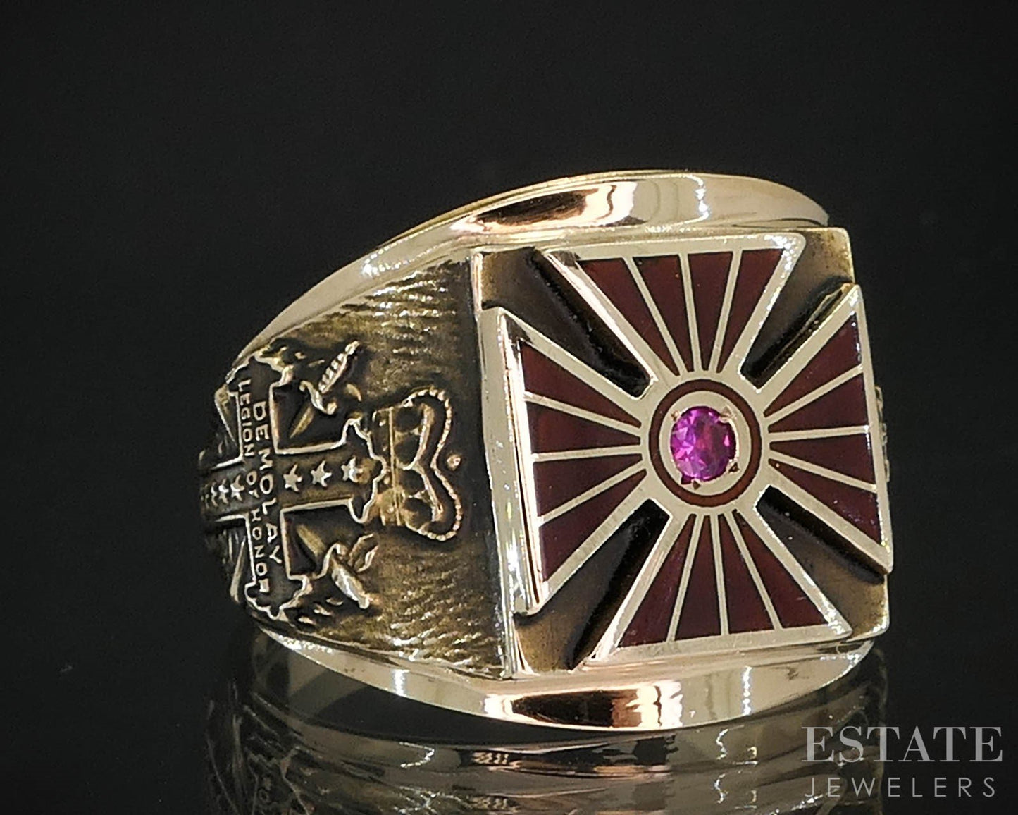 Vintage 10k Yellow Gold De Molay Legion of Honor Ruby Mens Ring 7g i19802