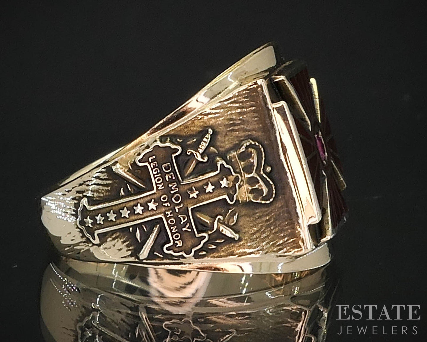 Vintage 10k Yellow Gold De Molay Legion of Honor Ruby Mens Ring 7g i19802