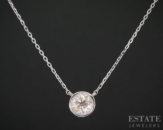 14k White Gold Round Natural .50ct Diamond Bezel Solitaire Necklace 1.5g i19799