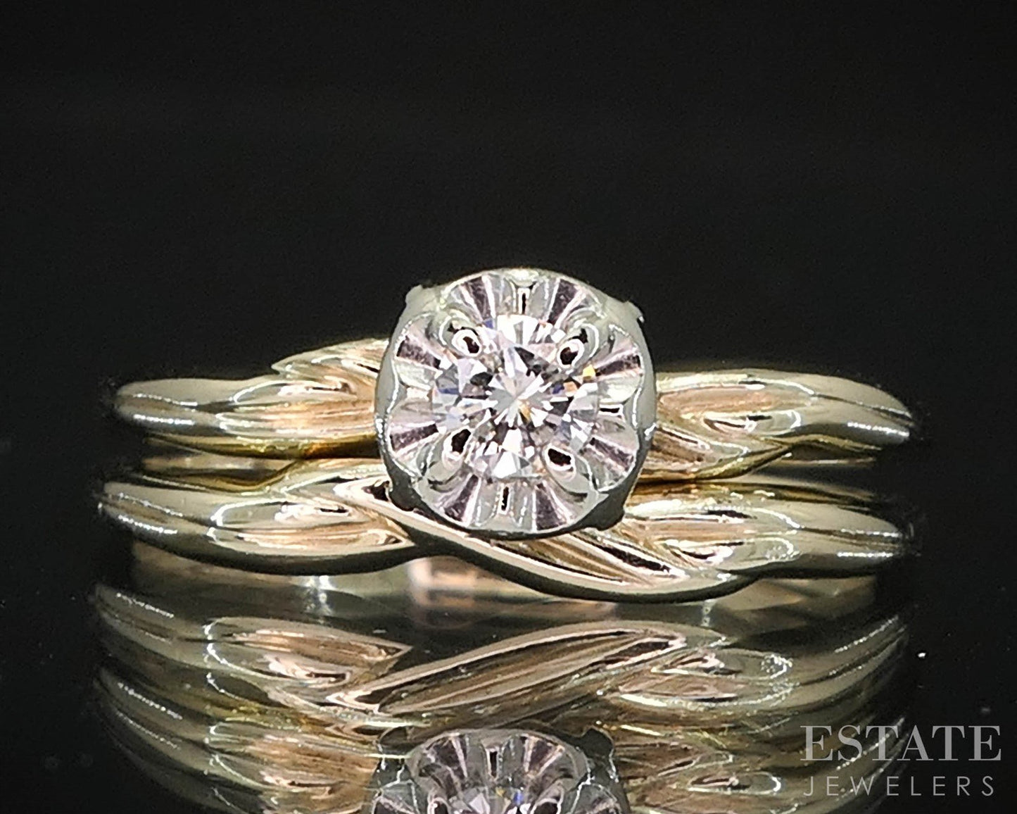 Vintage 14k Yellow Gold Round Natural .12ct Diamond Wedding Set 3g i19819b