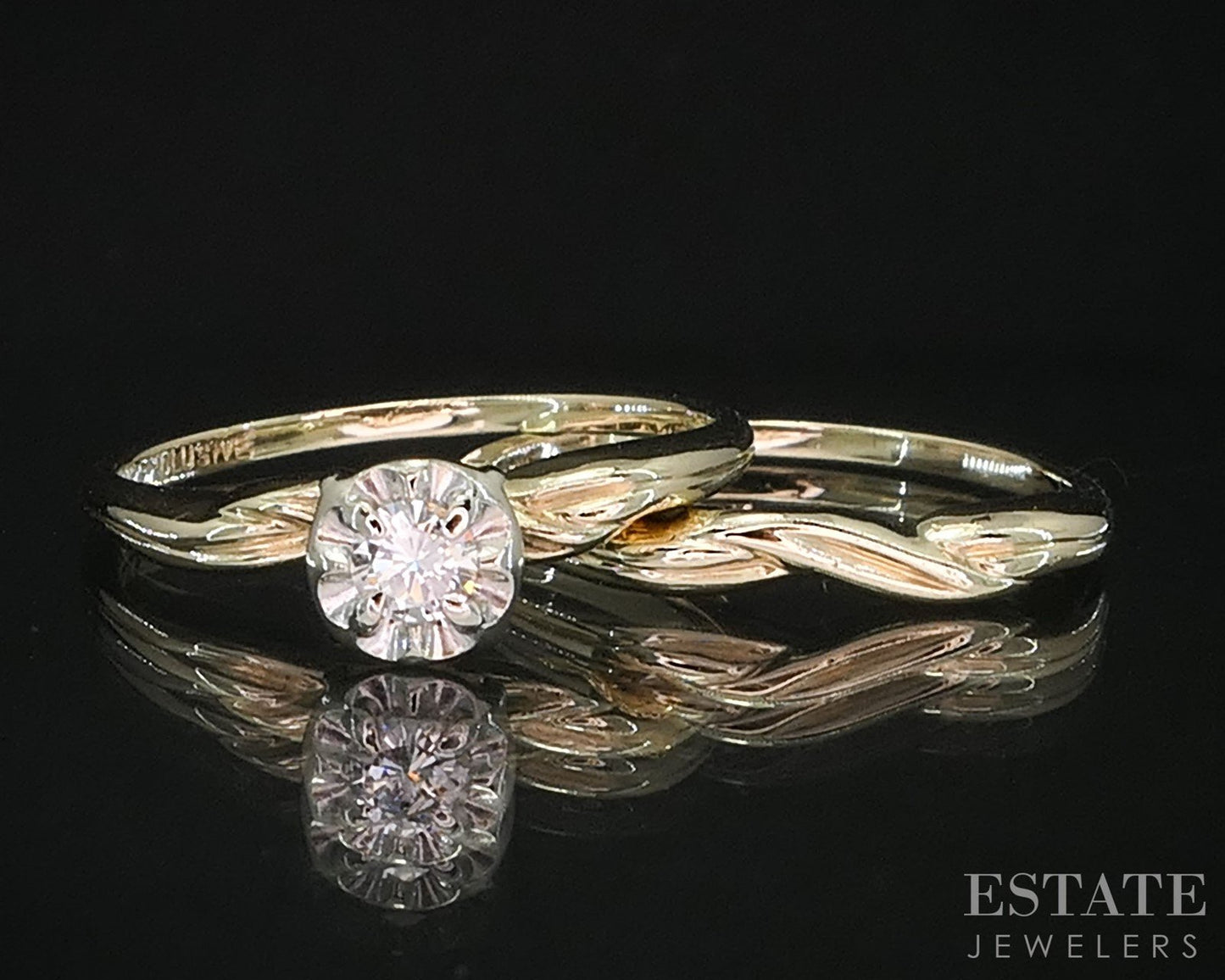 Vintage 14k Yellow Gold Round Natural .12ct Diamond Wedding Set 3g i19819b