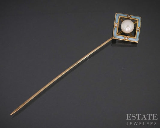 Antique Art Deco 10k Yellow Gold 5mm Pearl Enameled Stick Pin 1.3g i19817b