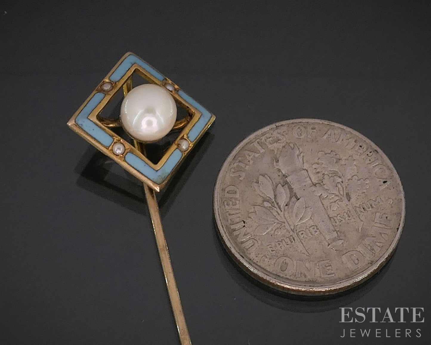 Antique Art Deco 10k Yellow Gold 5mm Pearl Enameled Stick Pin 1.3g i19817b