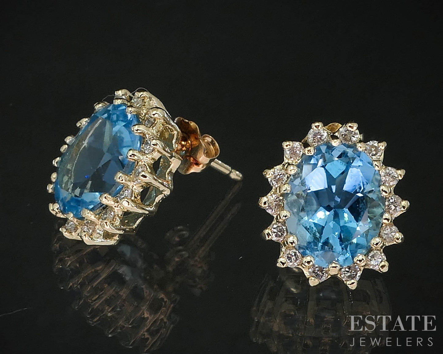 14k Yellow Gold Natural Blue Topaz & Diamond Stud Earrings 3.2g i19813b