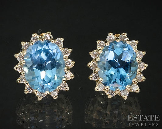 14k Yellow Gold Natural Blue Topaz & Diamond Stud Earrings 3.2g i19813b