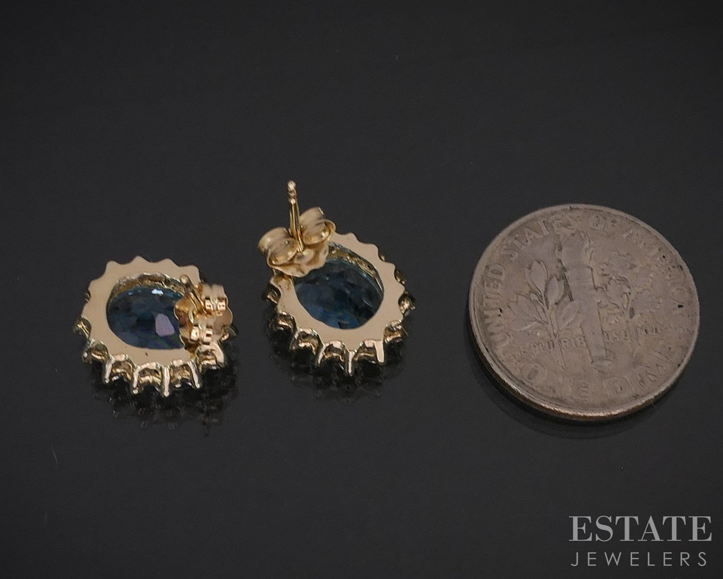 14k Yellow Gold Natural Blue Topaz & Diamond Stud Earrings 3.2g i19813b