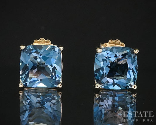 10k Yellow Gold Cushion 7mm Natural Blue Topaz Stud Earrings 2.1g i19823b