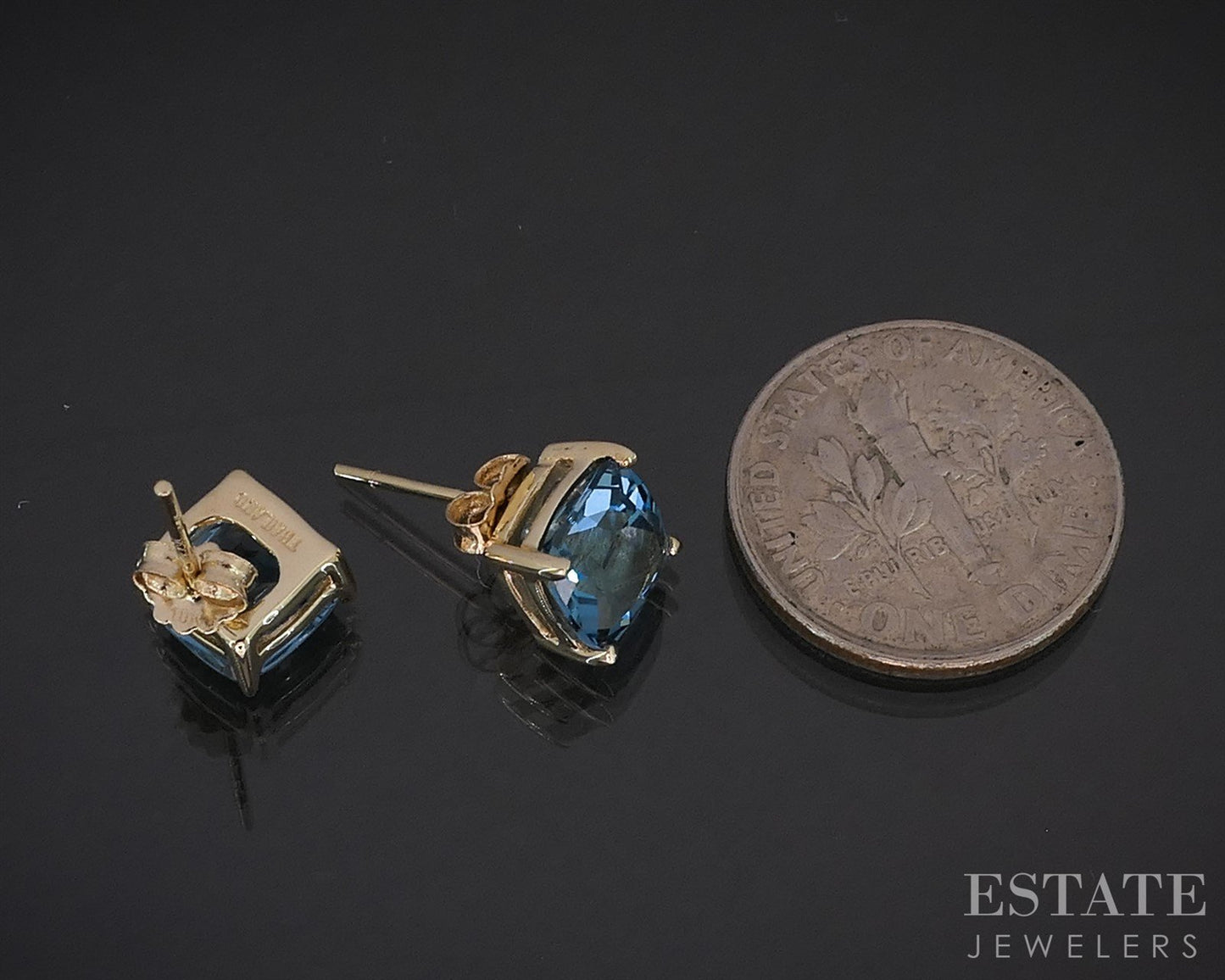 10k Yellow Gold Cushion 7mm Natural Blue Topaz Stud Earrings 2.1g i19823b