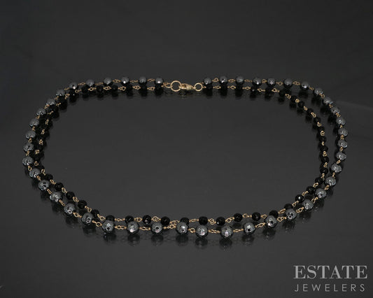14k Yellow Gold Black Onyx & Hematite Beaded Link Necklace 32g 18"L i19808b