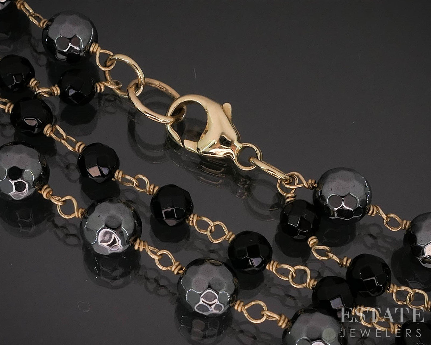 14k Yellow Gold Black Onyx & Hematite Beaded Link Necklace 32g 18"L i19808b