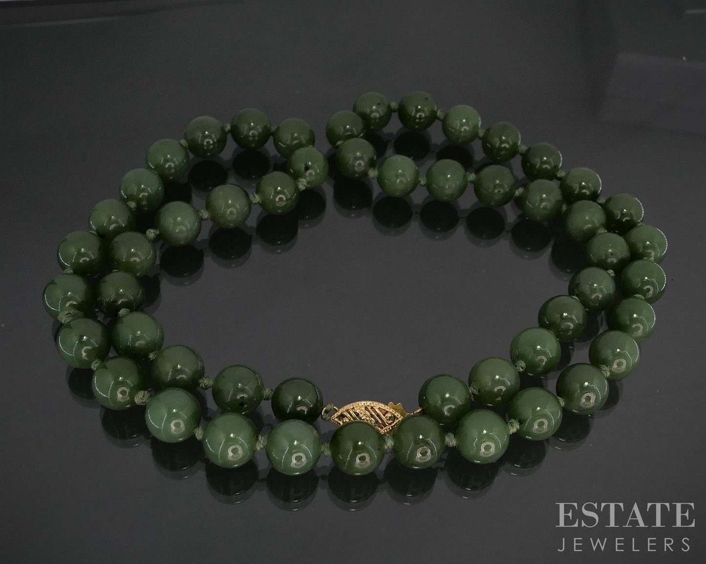 14k Yellow Gold 8mm Natural Green Jade Beaded Necklace 42g 18"L i19825b