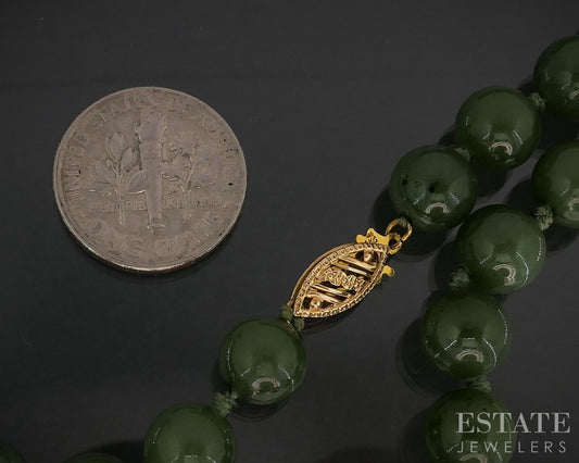 14k Yellow Gold 8mm Natural Green Jade Beaded Necklace 42g 18"L i19825b