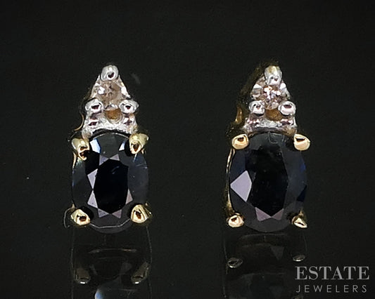 14k Yellow Gold Natural Blue Sapphire & Diamond Stud Earrings 0.6g i19820b