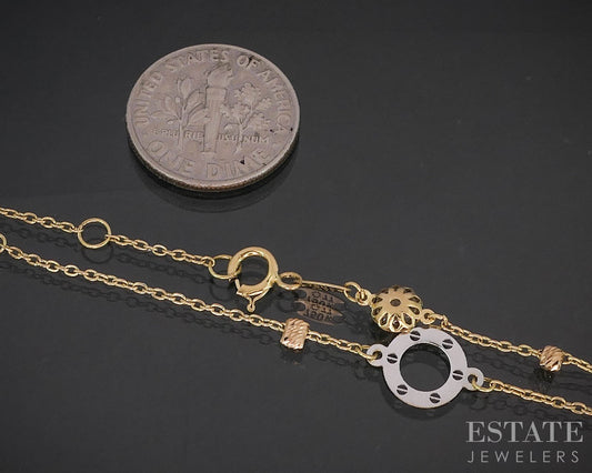 18k Yellow & White Gold Beaded Open Link Ankle Bracelet 1.7g 10"L i19830b