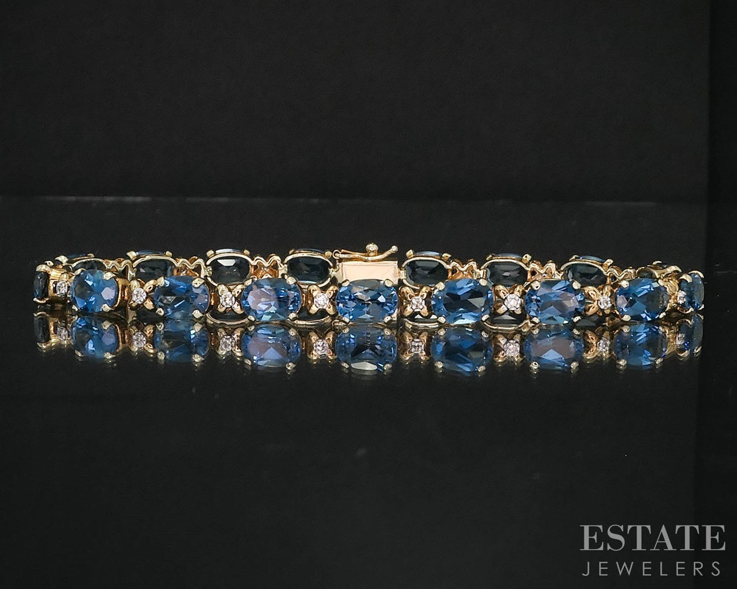 14k Yellow Gold Natural London Blue Topaz & Diamond Tennis Bracelet 9.8g i19835b