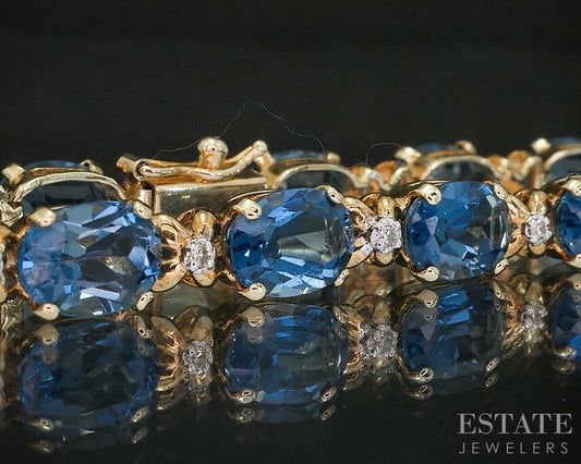 14k Yellow Gold Natural London Blue Topaz & Diamond Tennis Bracelet 9.8g i19835b