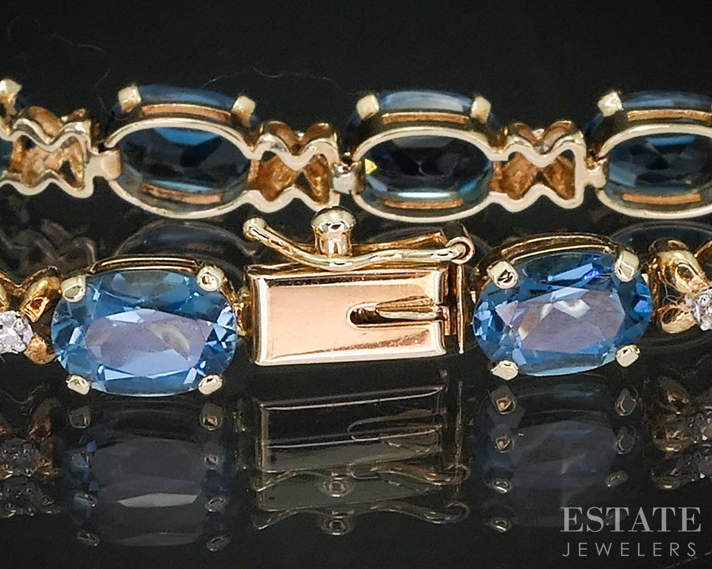 14k Yellow Gold Natural London Blue Topaz & Diamond Tennis Bracelet 9.8g i19835b