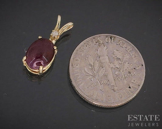 14k Yellow Gold Cabochon Natural Ruby & Diamond Ladies Pendant 0.9g i19831b