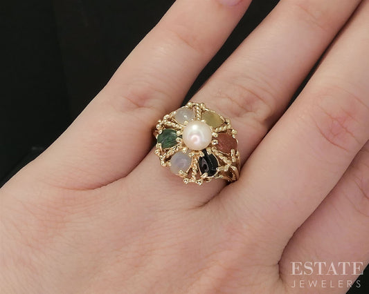 Vintage 14k Yellow Gold Natural Multi Colored Jade & Pearl Ring 5g i19836b
