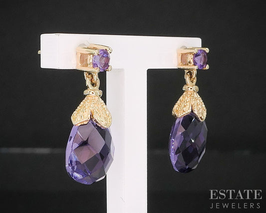 14k Yellow Gold Pear Cut Natural Amethyst Dangle Ladies Earrings 2.5g i19843b